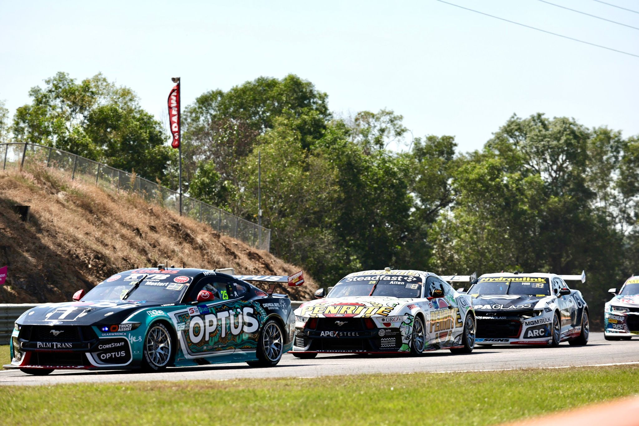 Four touring race cars racing on a sunlit track; lead car in teal "Optus" livery, trees and grassy embankment in the background.