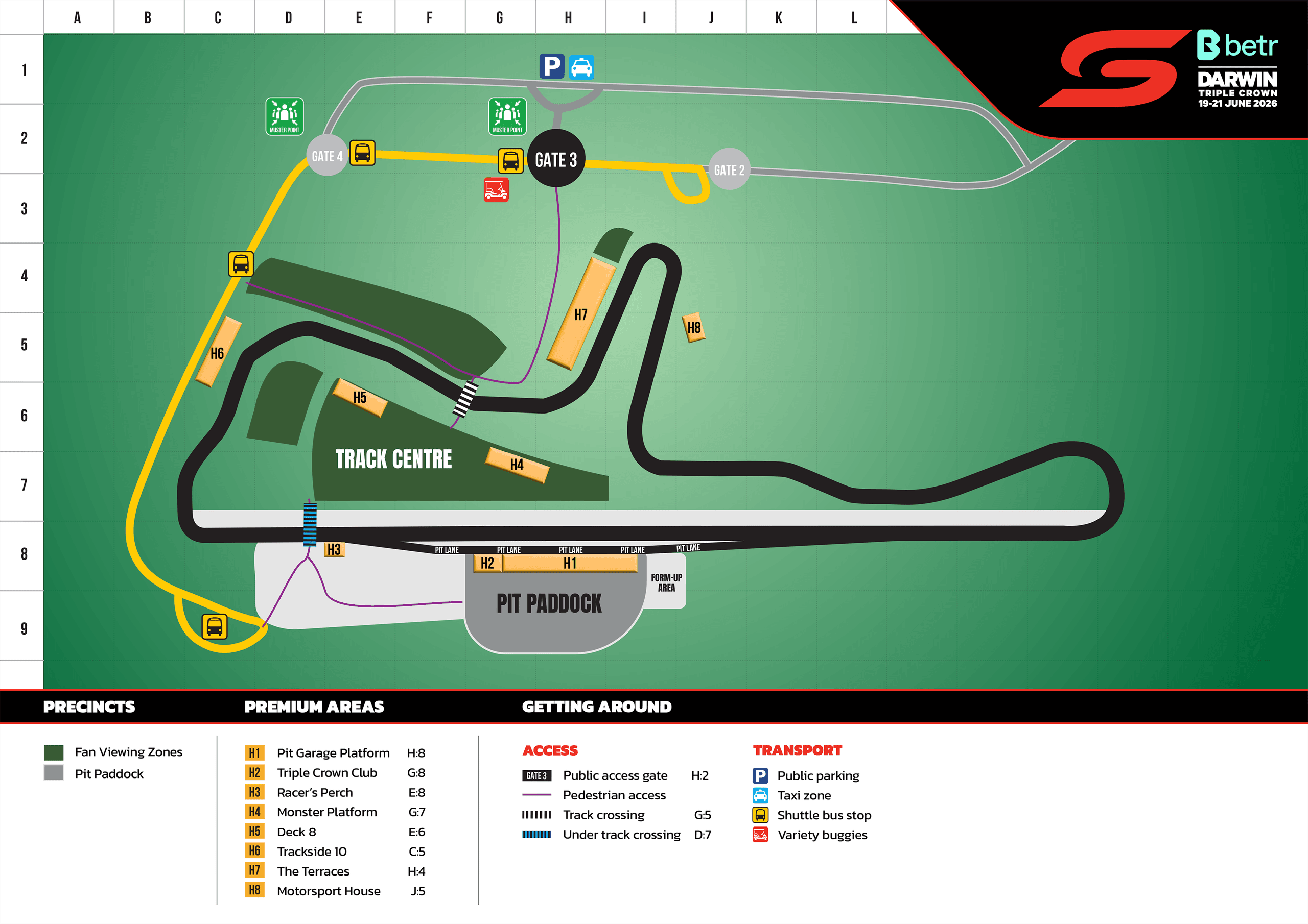 Map of a racing circuit with labeled areas, including track layout, pit paddock, viewing zones, entrances, transport, and amenities.